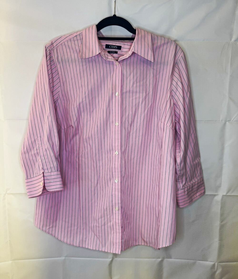 Chaps Women’s 2XL Pink/Navy Striped Dress Shirt 100% Cotton Long Sleeve